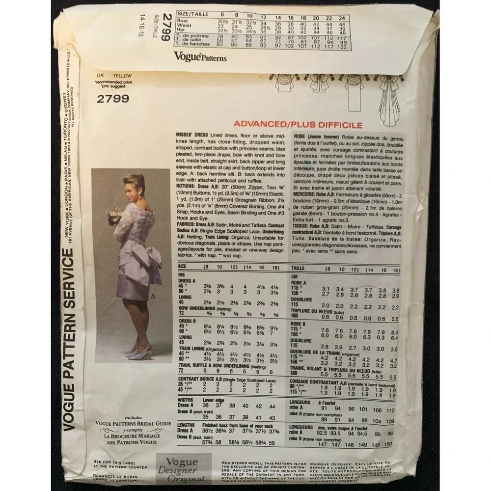 Vogue Wedding Designs BELLVILLE-SASSOON Pattern 2 lengths Bride Bridesmaid 14-18